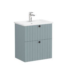 Vitra Root Groove 69236 Lavabo Dolabı, Çift Çekmeceli, Dar, 60 Cm, Mat Fiyord Yeşili, Köşeli Lavabolu